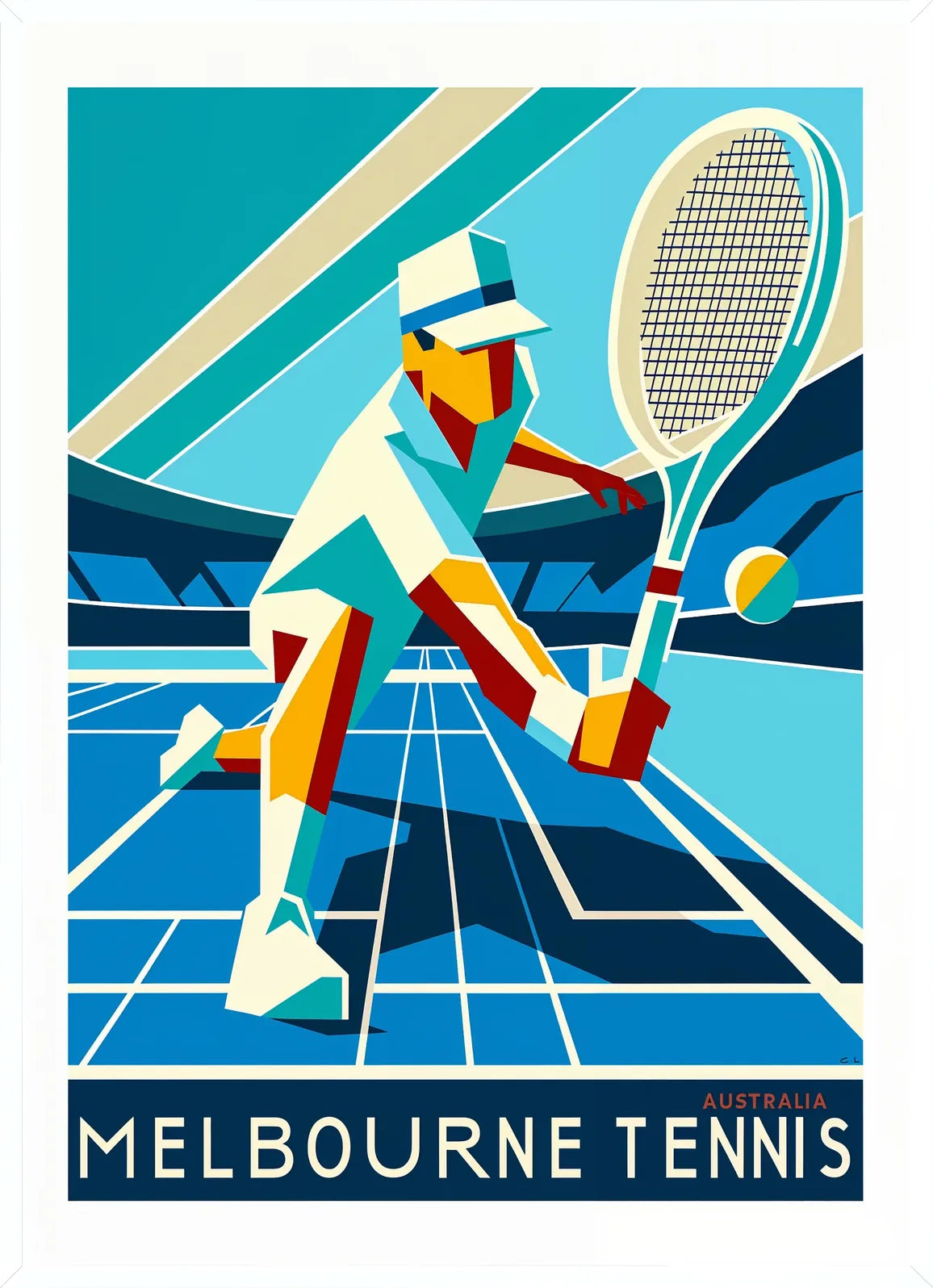 Cadre blanc epure presentant l'affiche tennis Melbourne cubiste