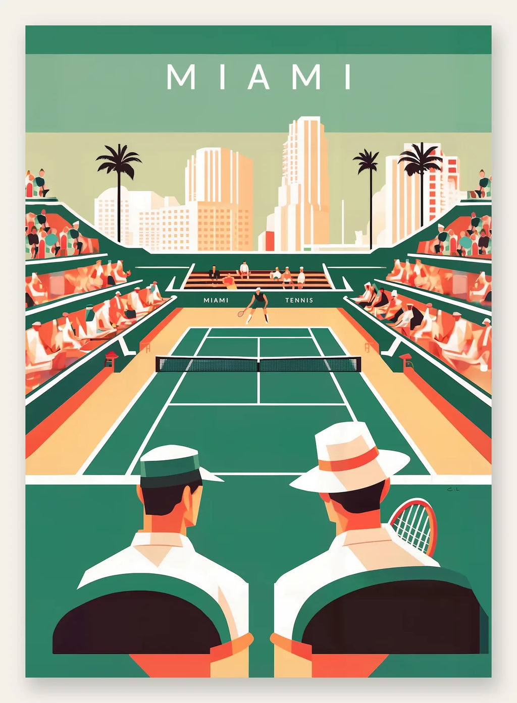 Spectateurs et court de tennis vert, skyline de Miami et palmiers