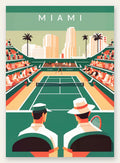 Spectateurs et court de tennis vert, skyline de Miami et palmiers