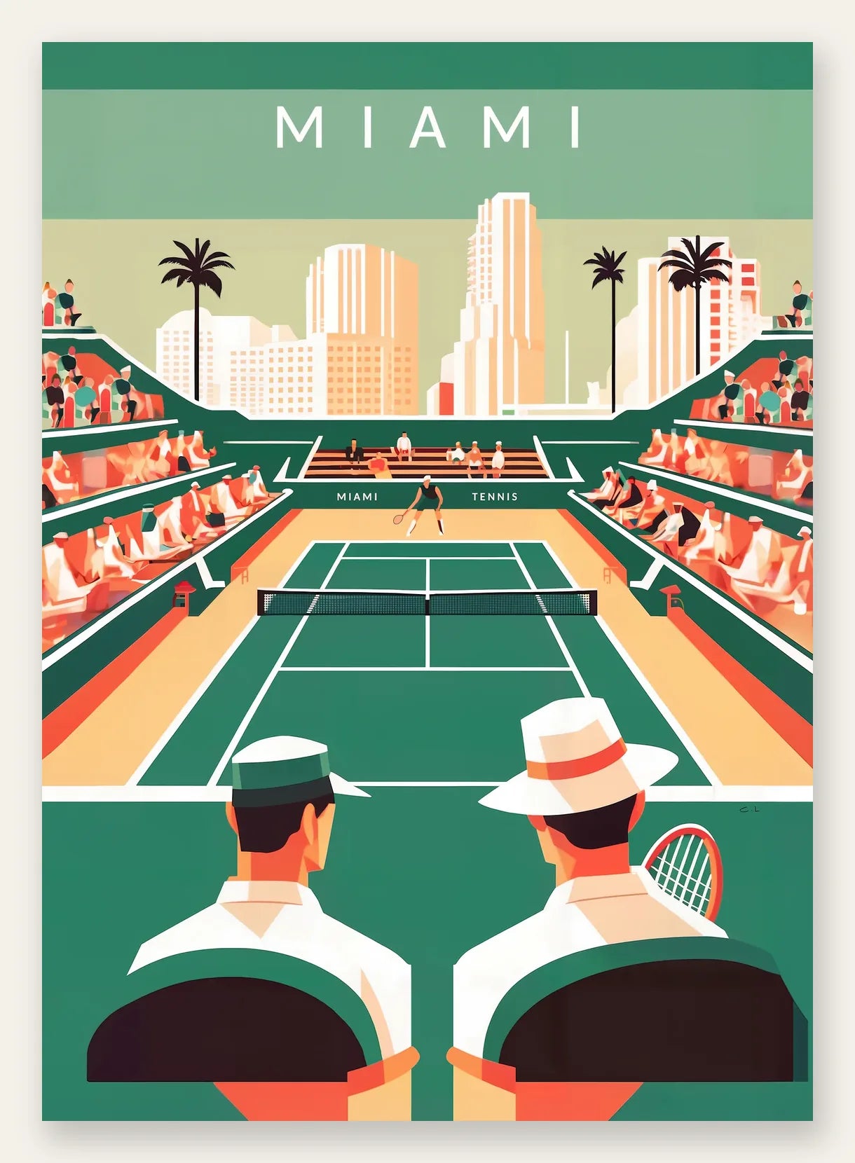 Spectateurs et court de tennis vert, skyline de Miami et palmiers