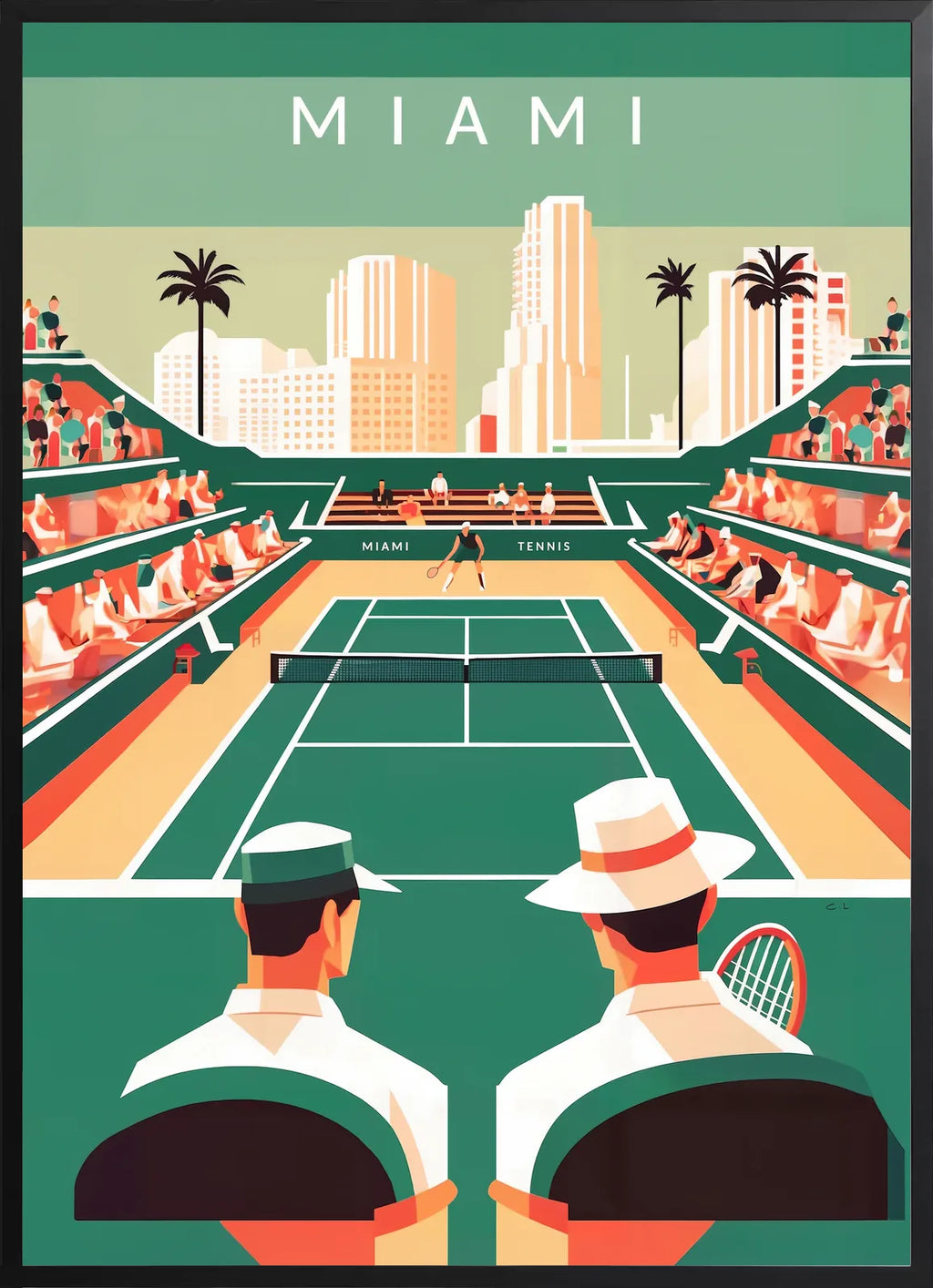 Encadrement noir mat autour de spectateurs et court de tennis vert, skyline de Miami et palmiers