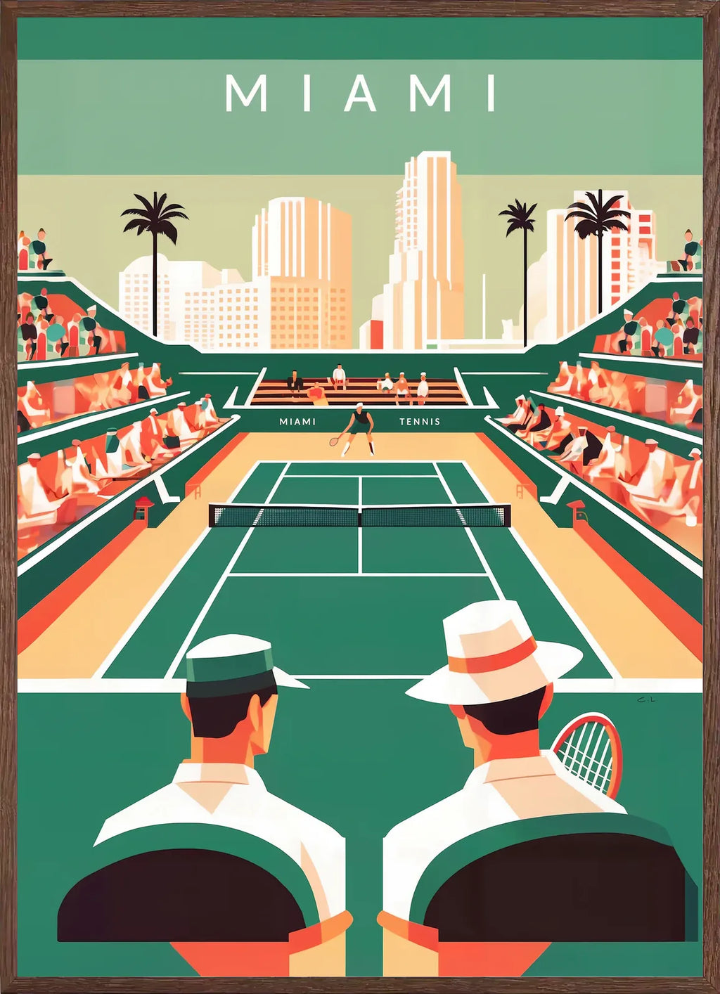 Cadre chene clair entourant spectateurs et court de tennis vert, skyline de Miami et palmiers