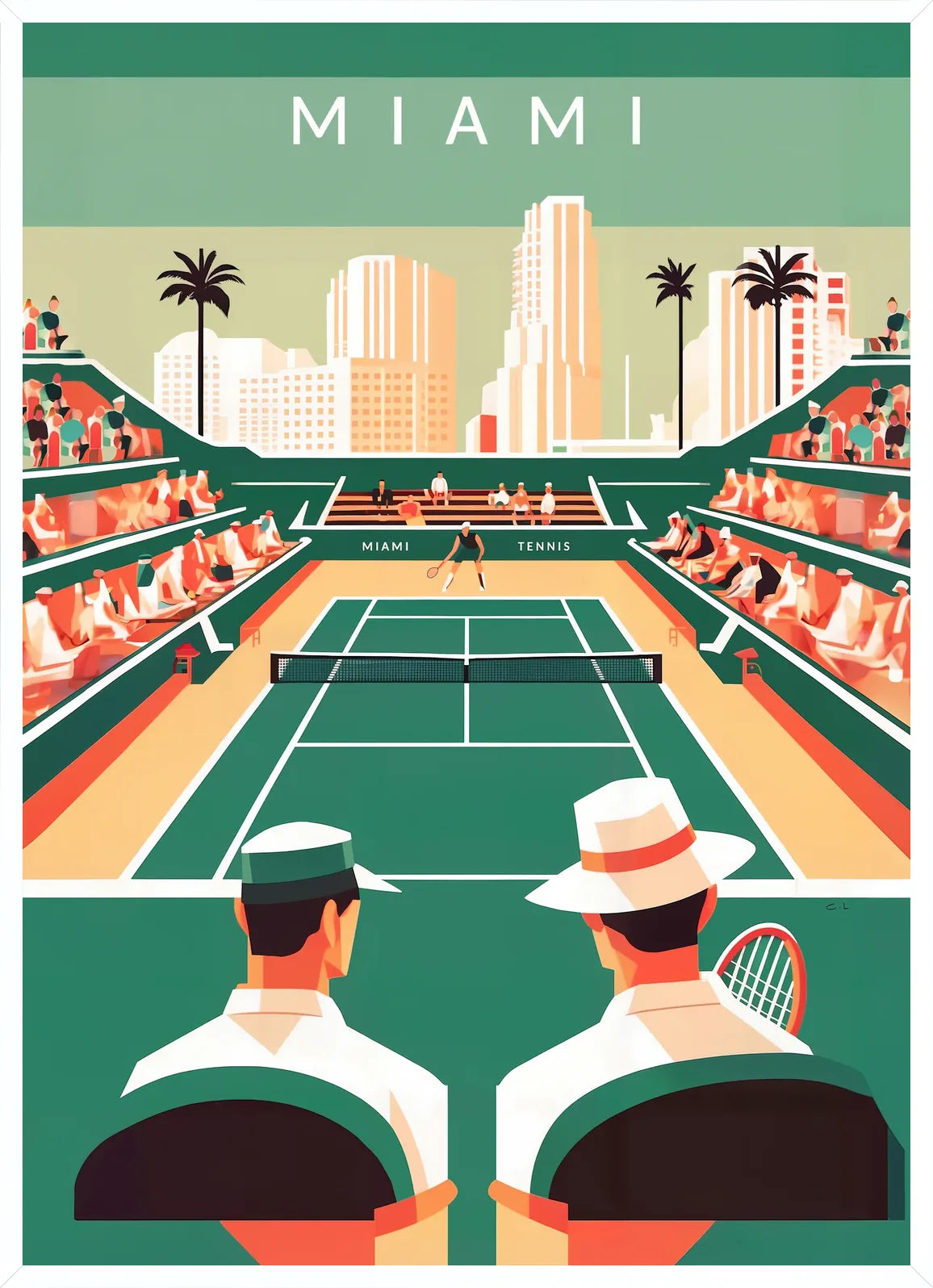Cadre blanc epure presentant spectateurs et court de tennis vert, skyline de Miami et palmiers
