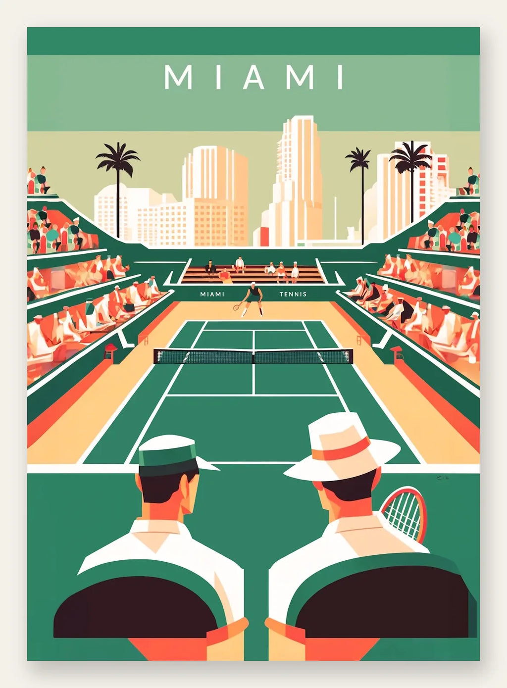Court de tennis vert et spectateurs, gratte-ciel pastel de Miami