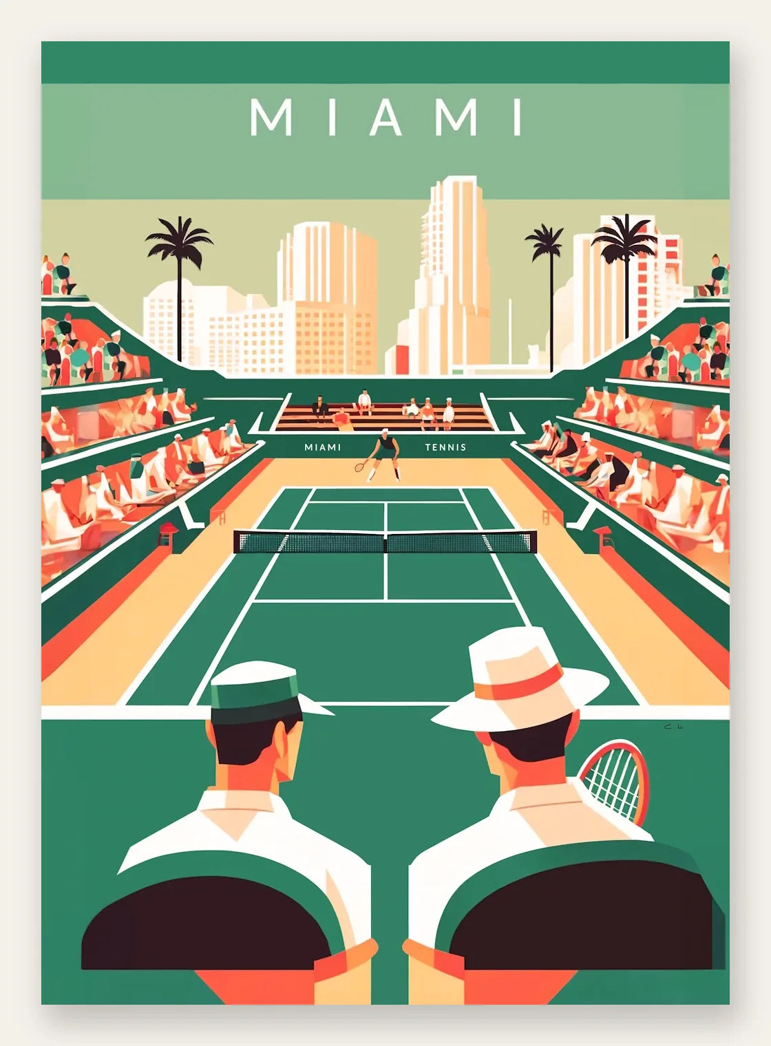 Court de tennis vert et spectateurs, gratte-ciel pastel de Miami