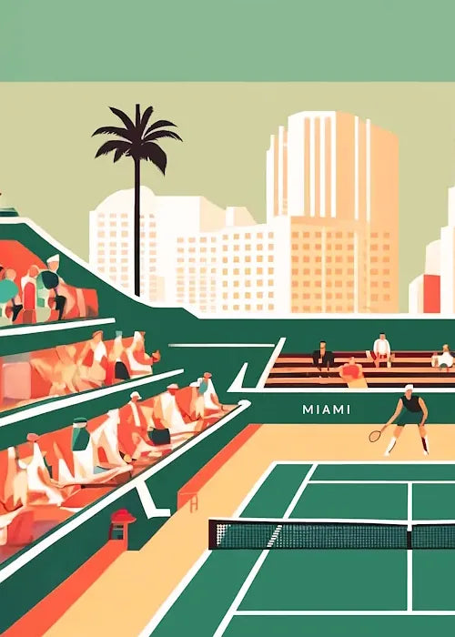 Gros plan sur court de tennis vert et spectateurs, gratte-ciel pastel de Miami