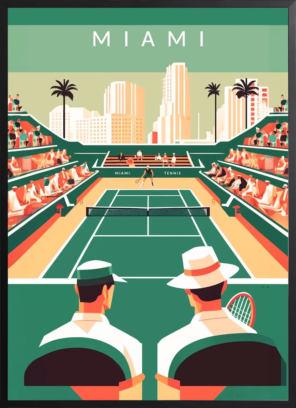 Encadrement noir mat autour de court de tennis vert et spectateurs, gratte-ciel pastel de Miami