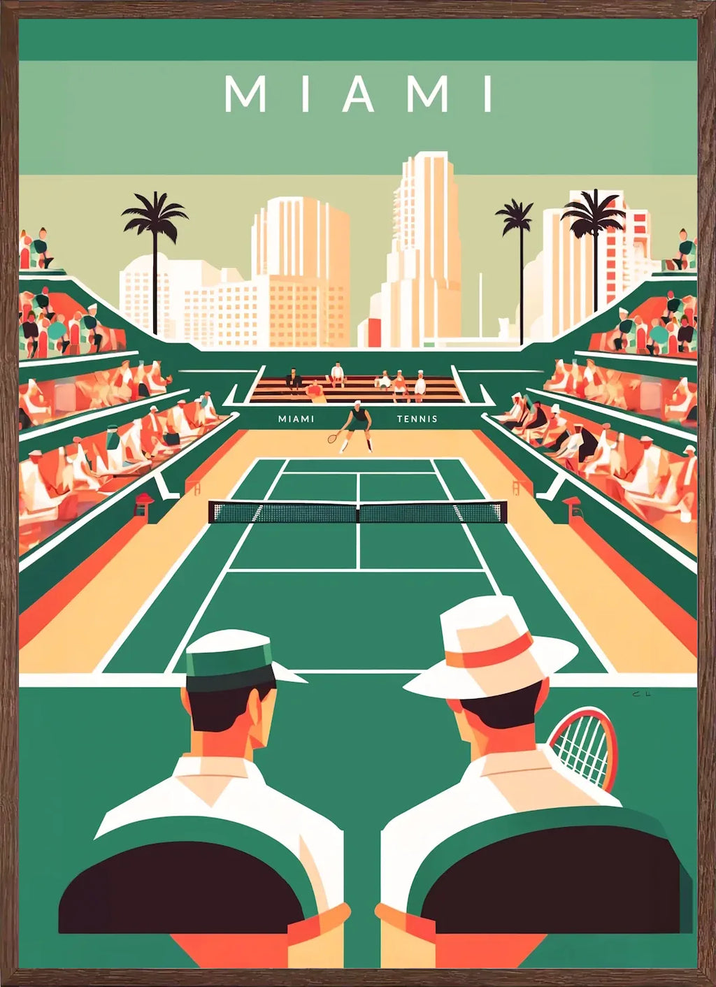 Cadre chene clair entourant court de tennis vert et spectateurs, gratte-ciel pastel de Miami