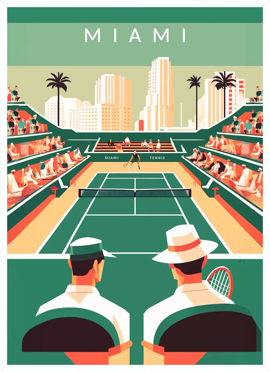 Cadre blanc epure presentant court de tennis vert et spectateurs, gratte-ciel pastel de Miami