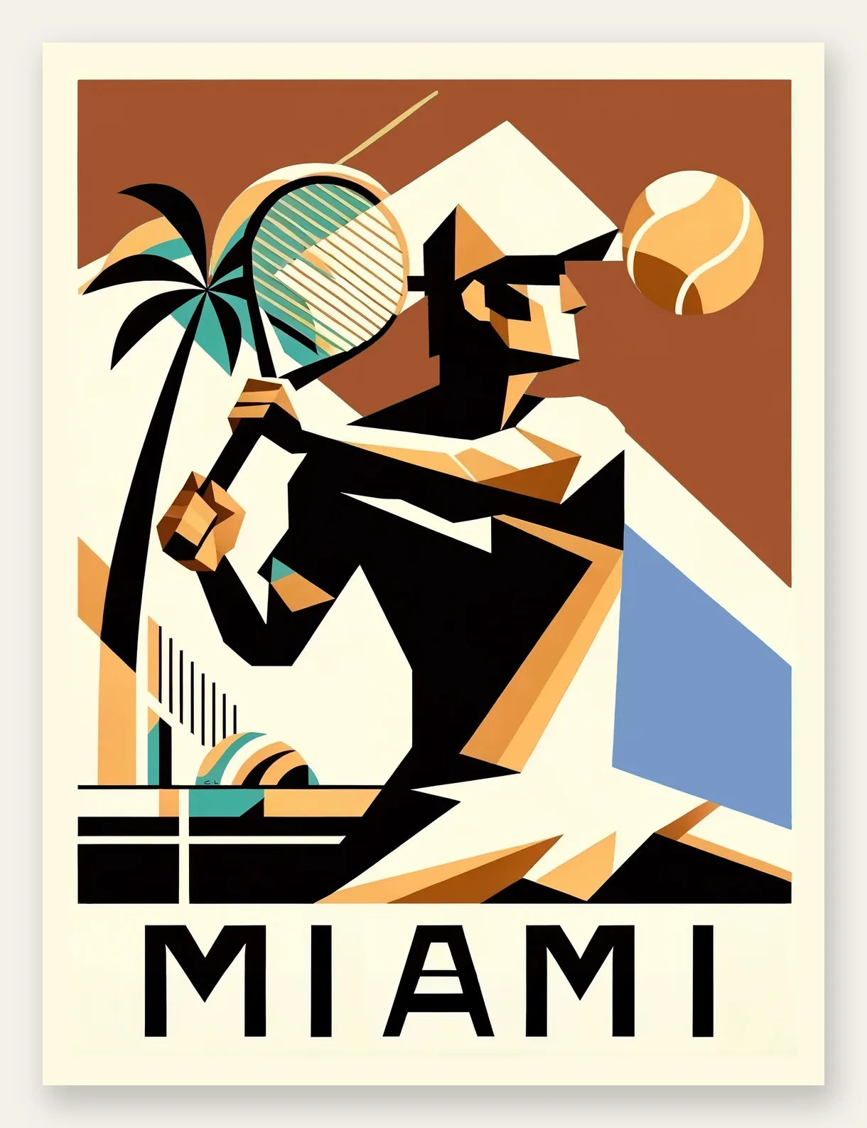 Joueur de tennis cubiste a la raquette, palmier et balle, Miami