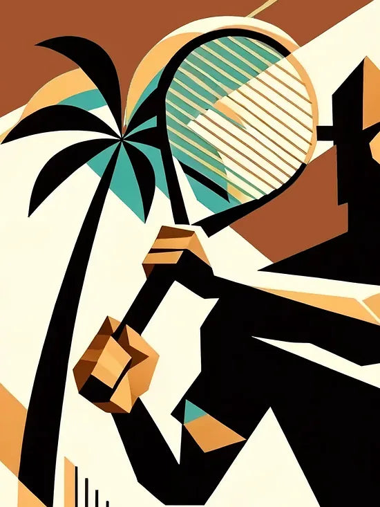 Gros plan sur joueur de tennis cubiste a la raquette, palmier et balle, Miami