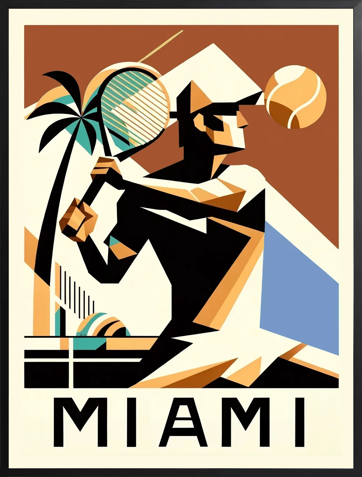 Encadrement noir mat autour de joueur de tennis cubiste a la raquette, palmier et balle, Miami