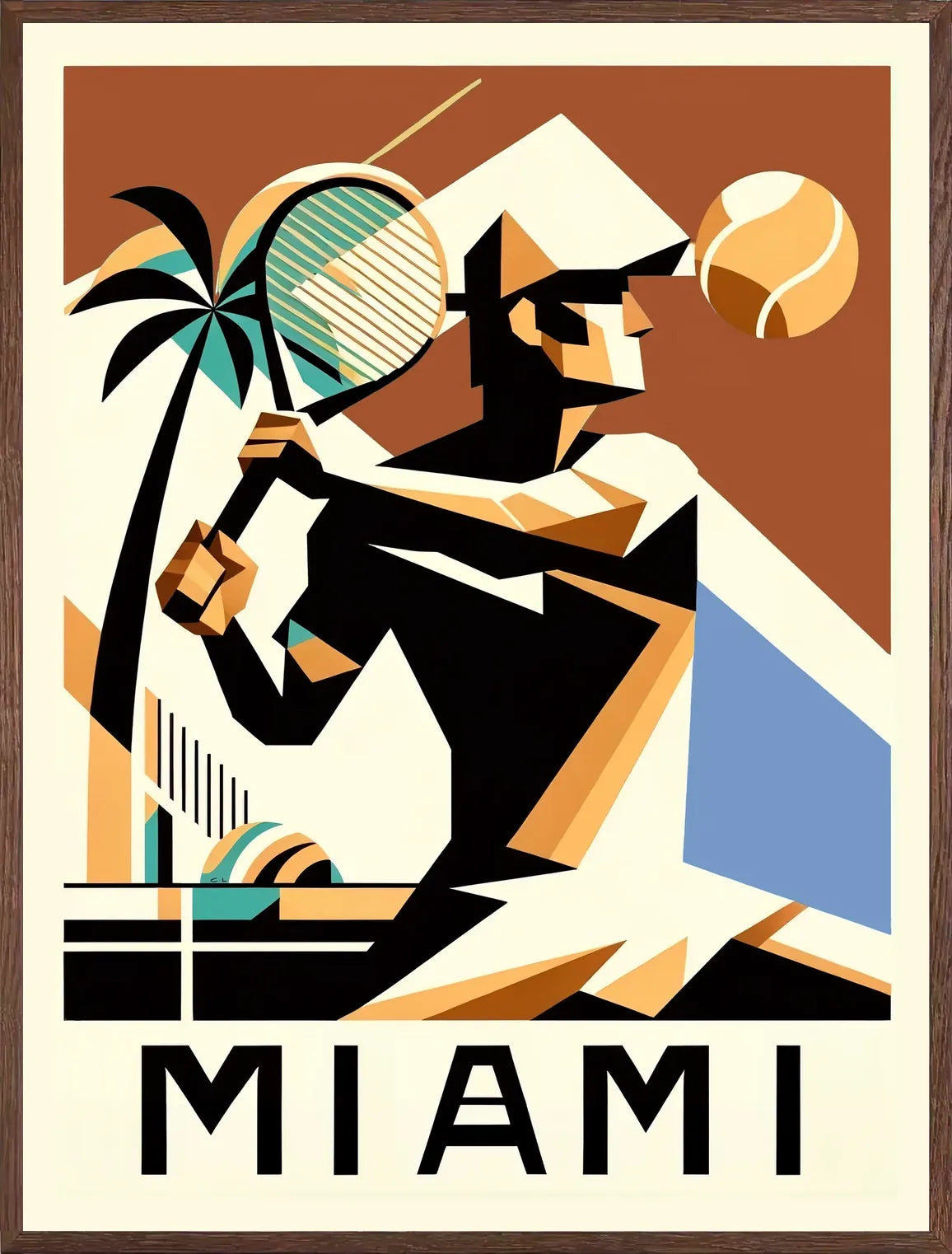 Cadre chene clair entourant joueur de tennis cubiste a la raquette, palmier et balle, Miami