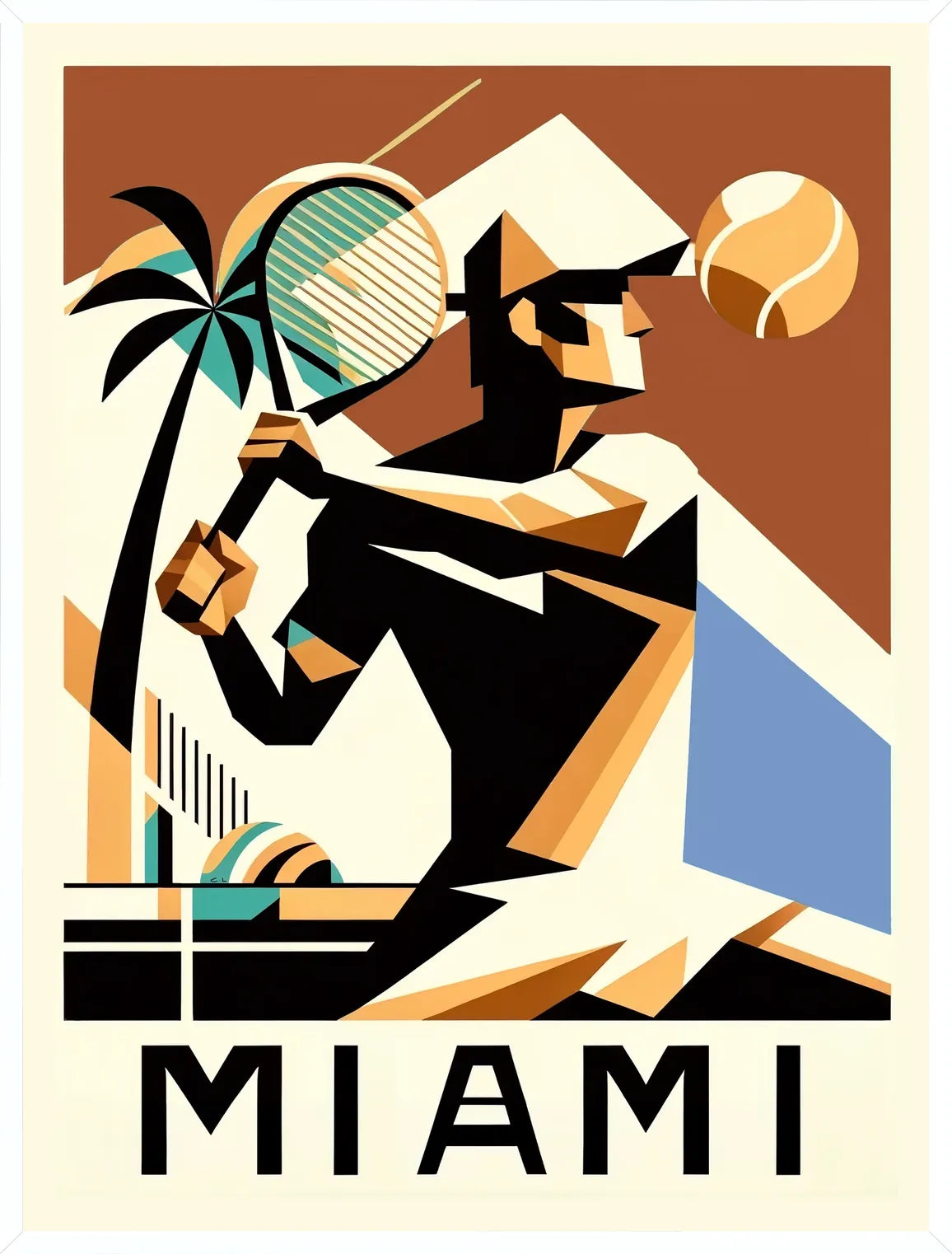 Cadre blanc epure presentant joueur de tennis cubiste a la raquette, palmier et balle, Miami