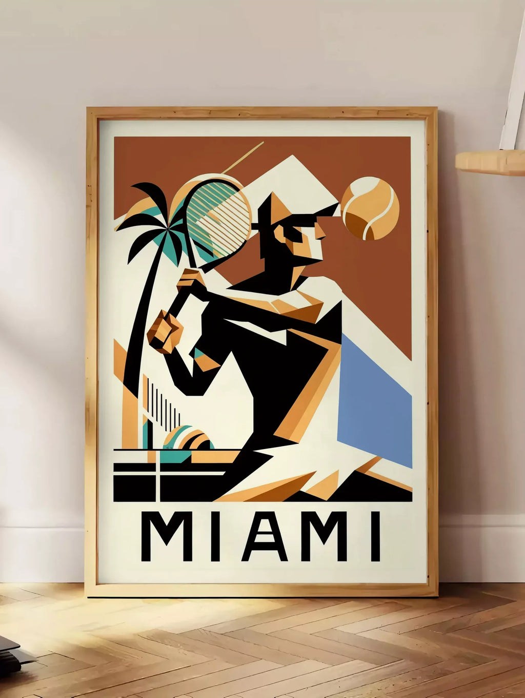 Estampe joueur de tennis cubiste a la raquette, posee au sol dans un coin salon, sur un parquet a chevrons, pres d'une table d'appoint en chene chargee de livres