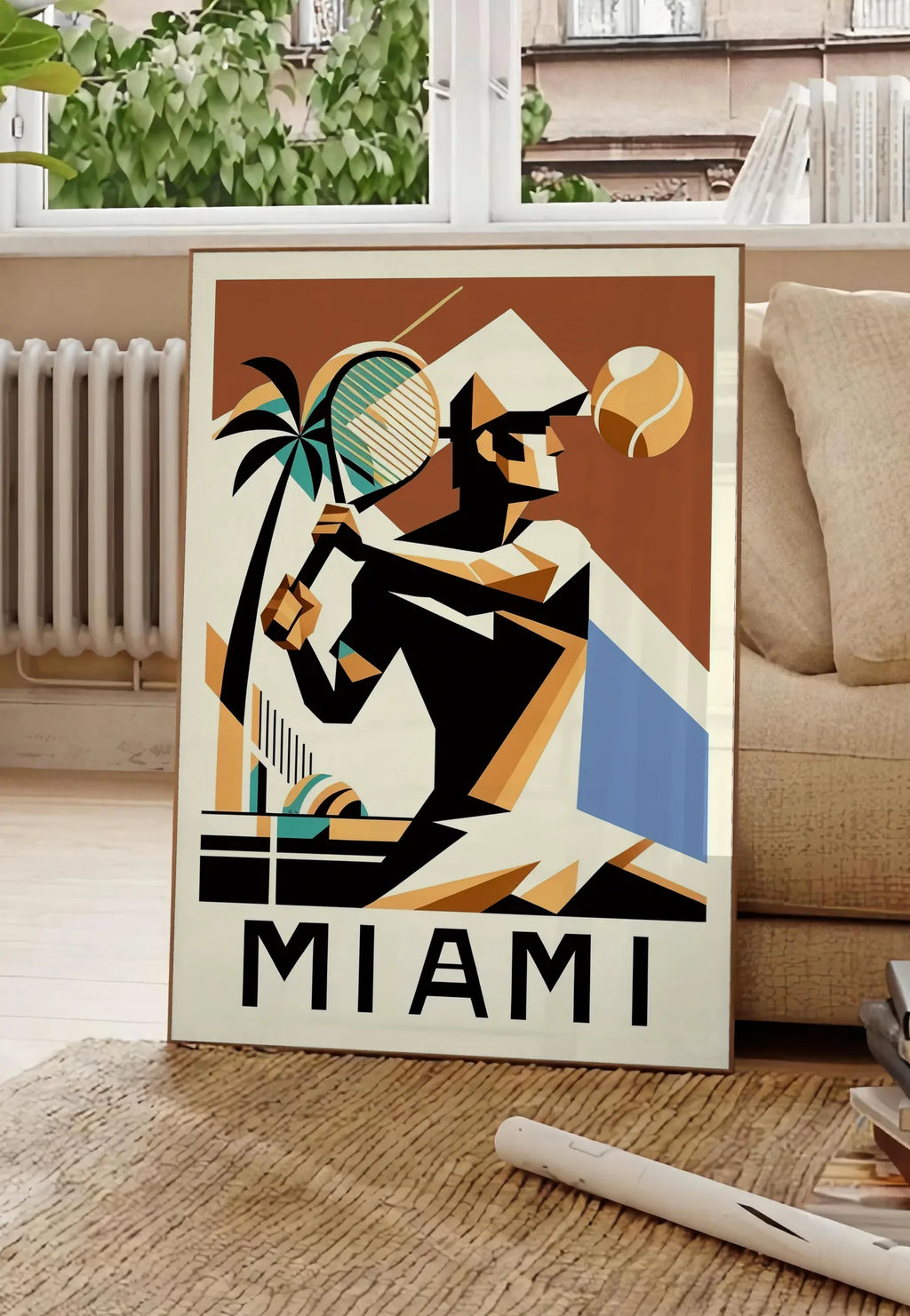 Poster joueur de tennis cubiste a la raquette, posee au sol dans un salon parisien, devant une grande fenetre donnant sur un immeuble haussmannien, entre un ficus et un canape creme