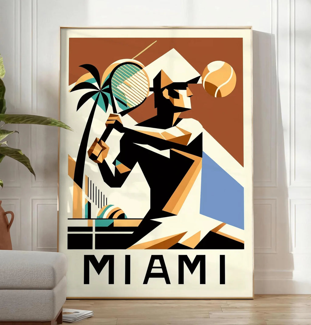 Reproduction joueur de tennis cubiste a la raquette, posee au sol dans un salon minimaliste clair, a cote d'un canape beige et d'une plante verte, sur un parquet clair