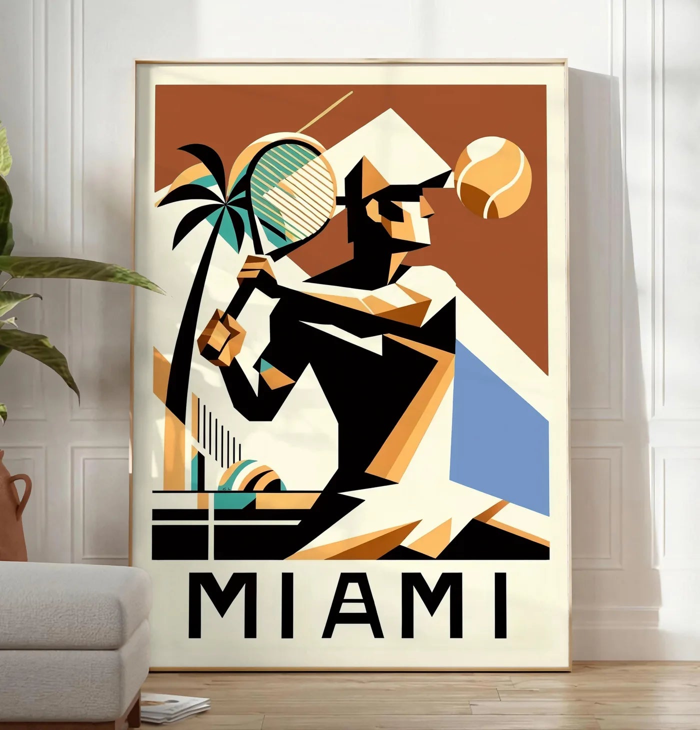 Reproduction joueur de tennis cubiste a la raquette, posee au sol dans un salon minimaliste clair, a cote d'un canape beige et d'une plante verte, sur un parquet clair