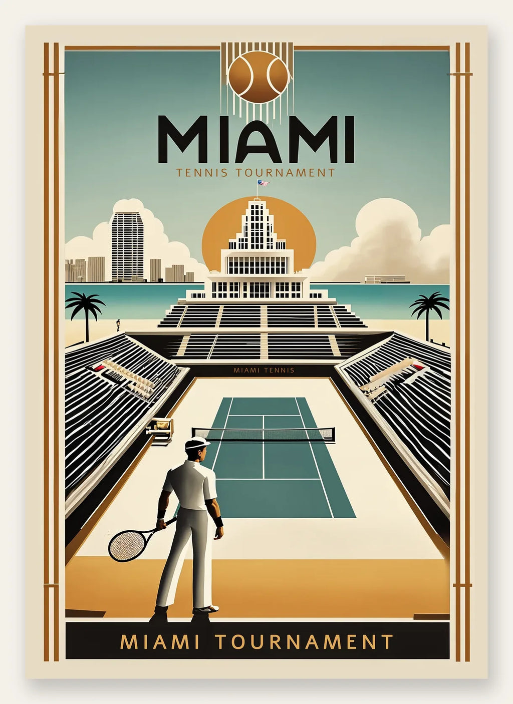 Joueur de tennis devant un stade, tour art deco de Miami