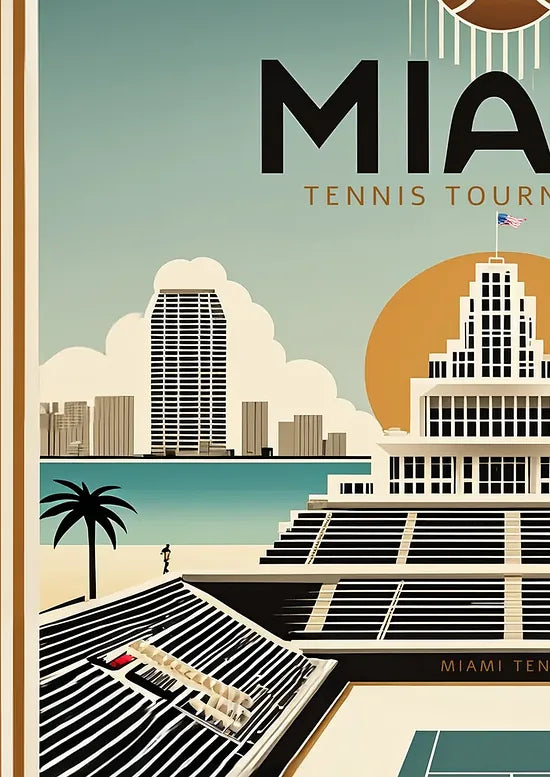 Gros plan sur joueur de tennis devant un stade, tour art deco de Miami