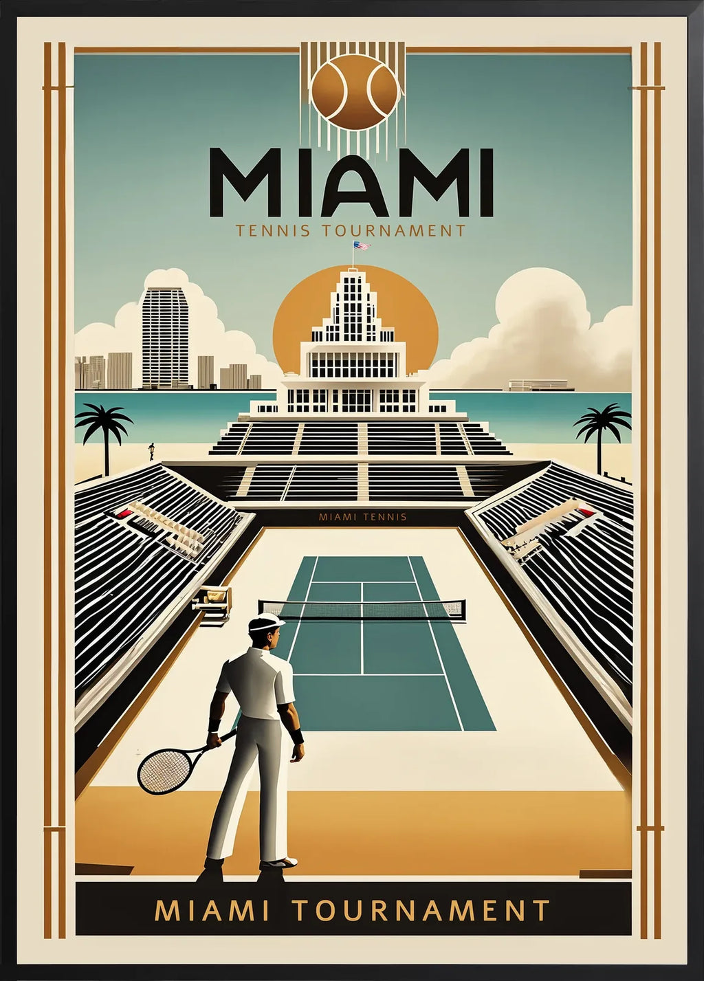 Encadrement noir mat autour de joueur de tennis devant un stade, tour art deco de Miami