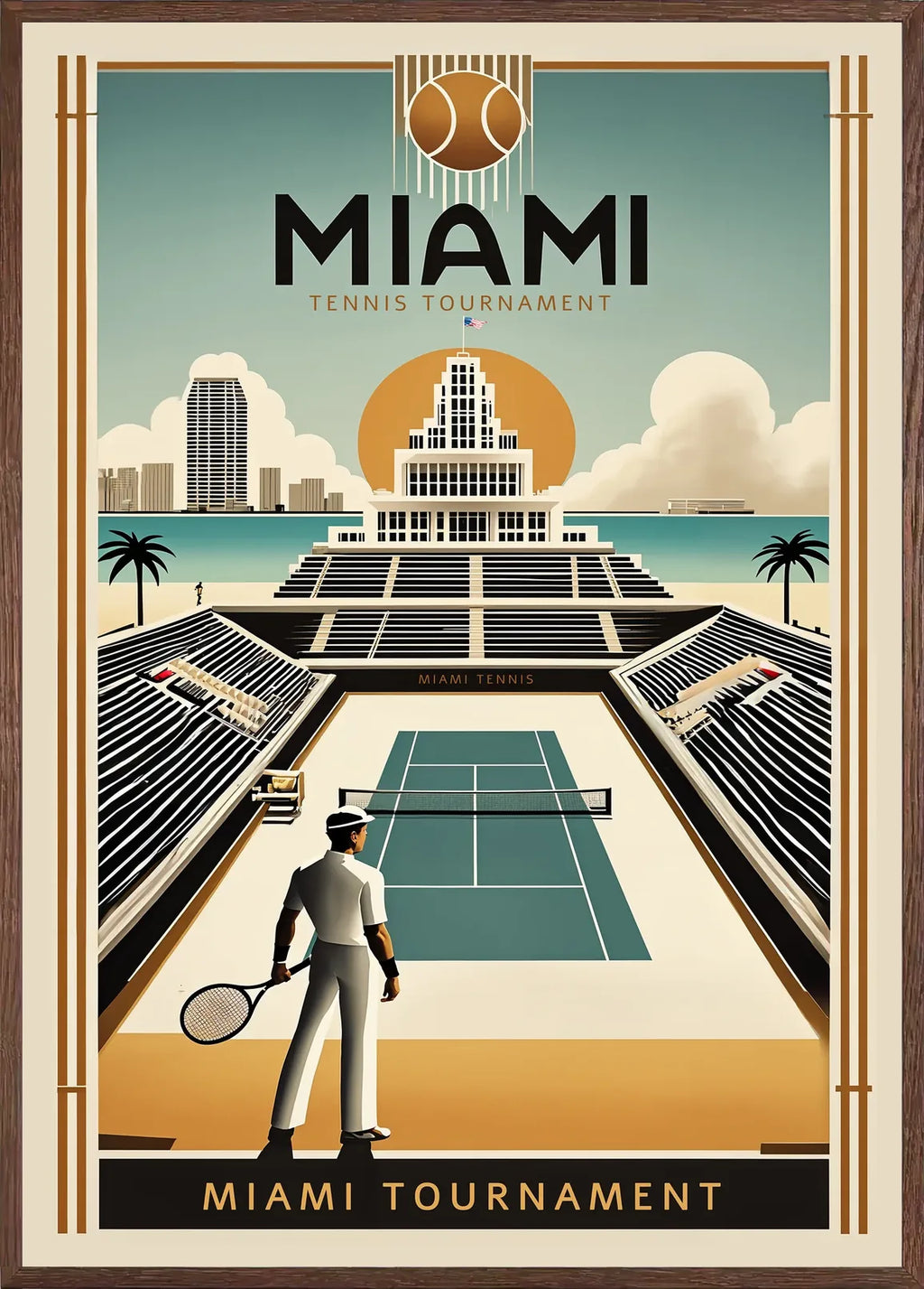 Cadre chene clair entourant joueur de tennis devant un stade, tour art deco de Miami