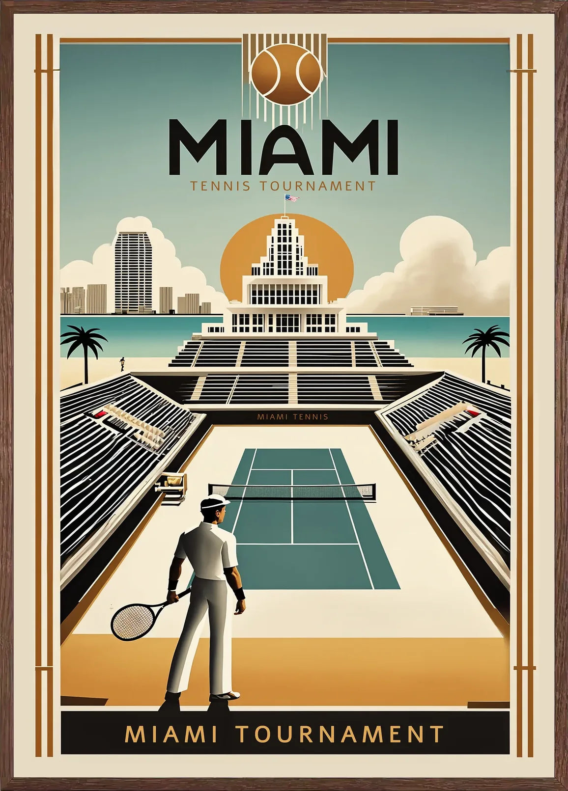 Cadre chene clair entourant joueur de tennis devant un stade, tour art deco de Miami