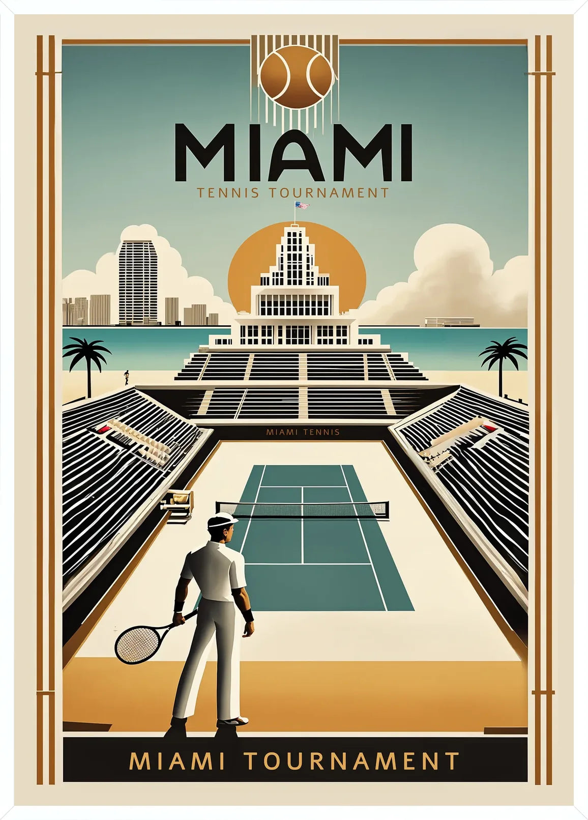 Cadre blanc epure presentant joueur de tennis devant un stade, tour art deco de Miami