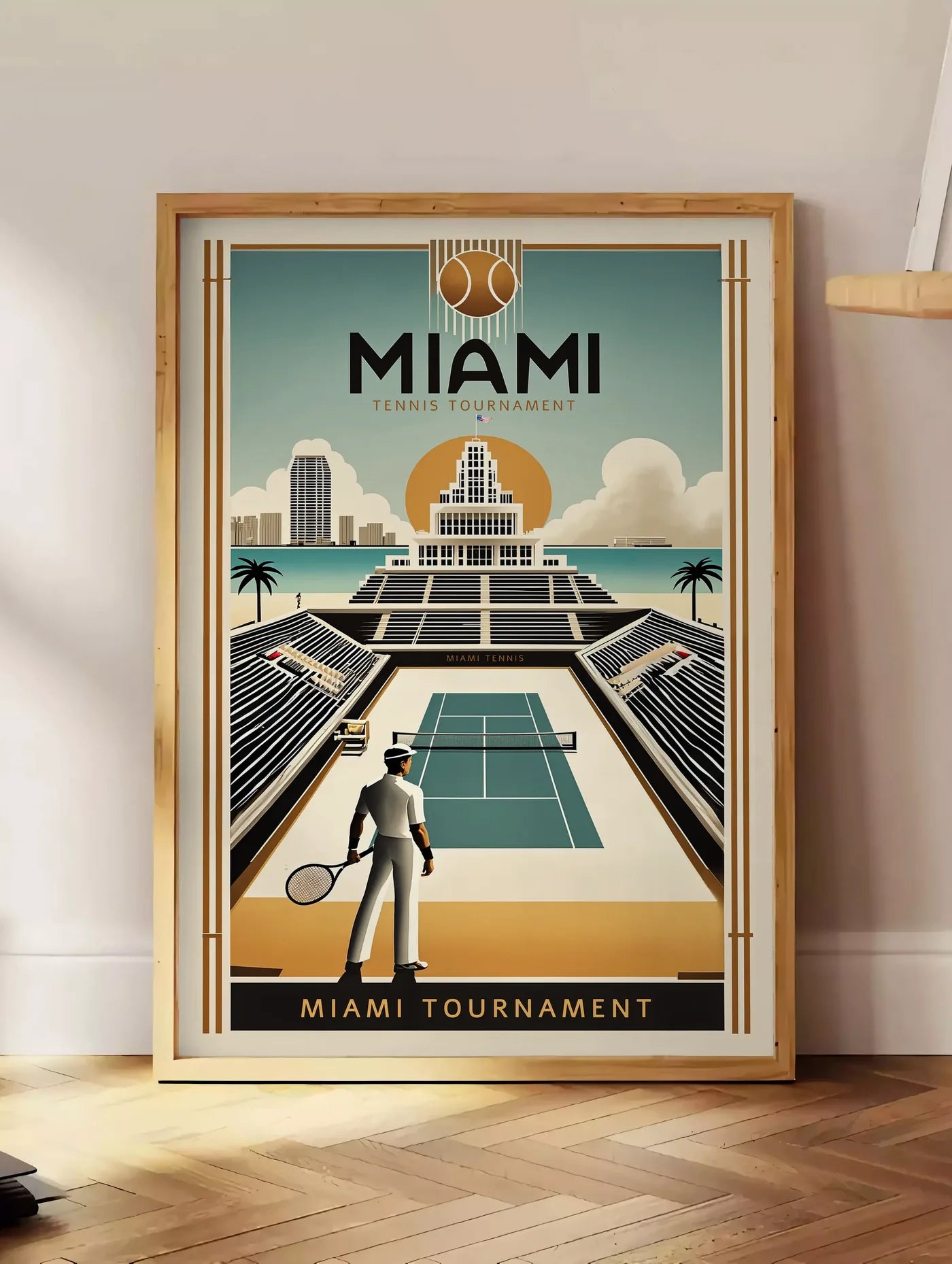 Estampe joueur de tennis devant un stade, posee au sol dans un coin salon, sur un parquet a chevrons, pres d'une table d'appoint en chene chargee de livres