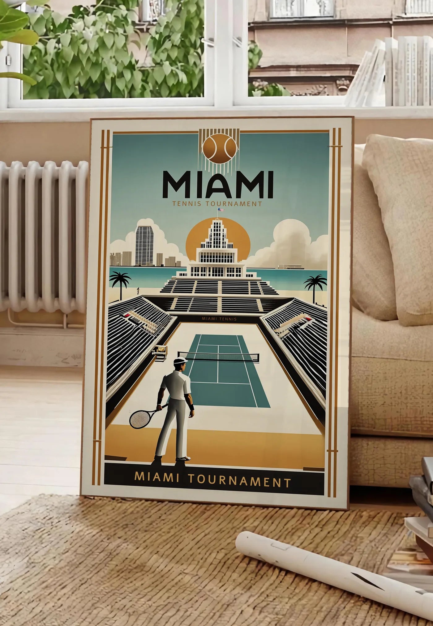Poster joueur de tennis devant un stade, posee au sol dans un salon parisien, devant une grande fenetre donnant sur un immeuble haussmannien, entre un ficus et un canape creme