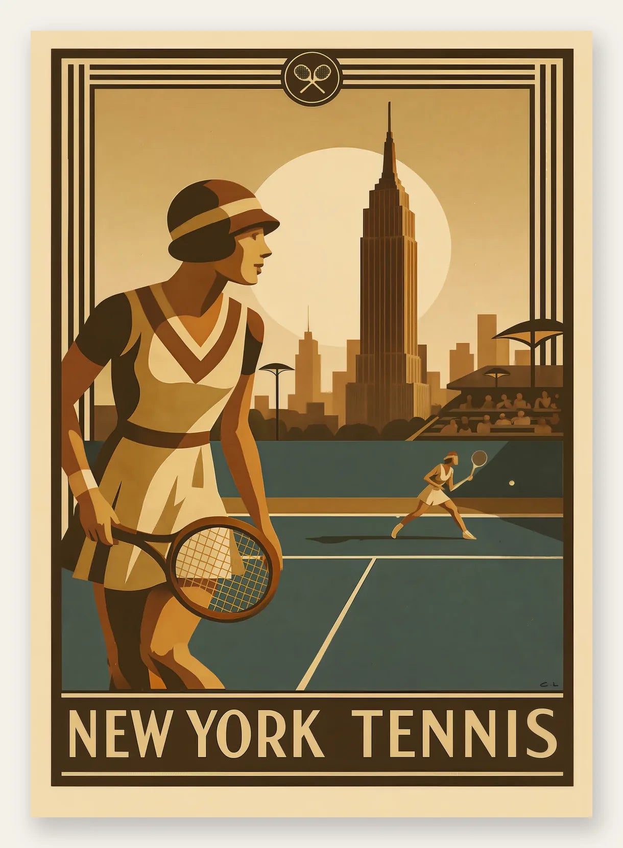 Joueuse de tennis 1920 et raquette en bois, Empire State New York