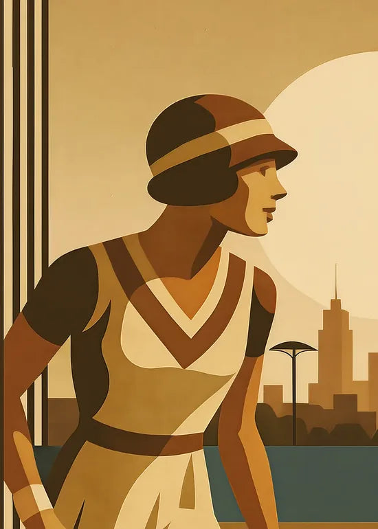 Gros plan sur joueuse de tennis 1920 et raquette en bois, Empire State New York