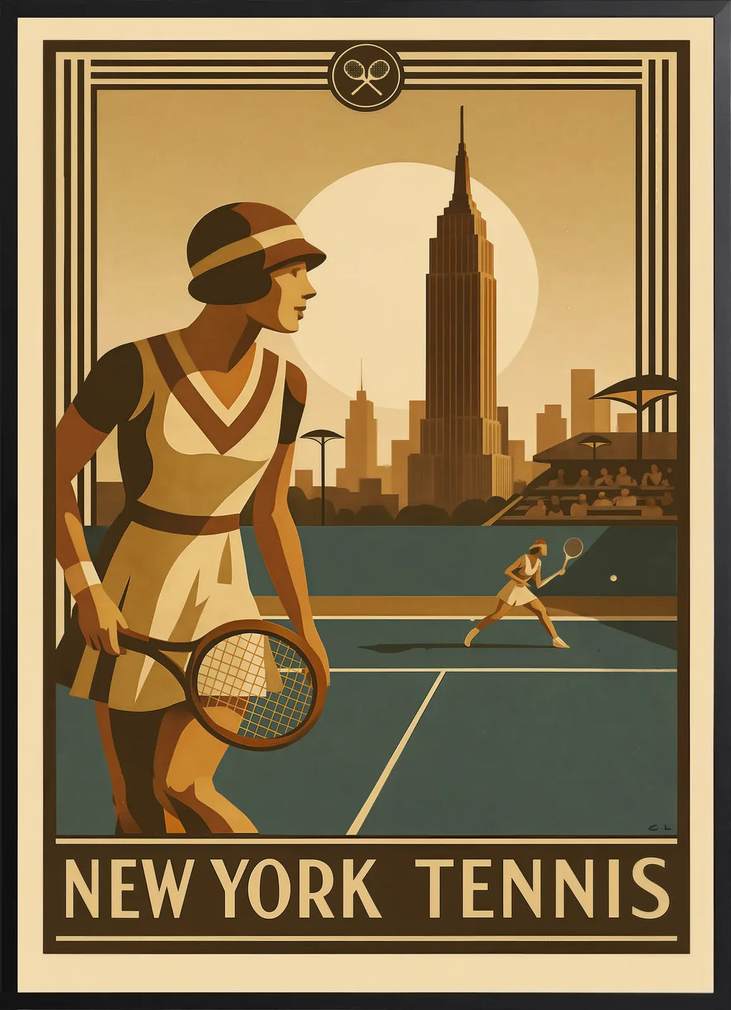 Encadrement noir mat autour de joueuse de tennis 1920 et raquette en bois, Empire State New York
