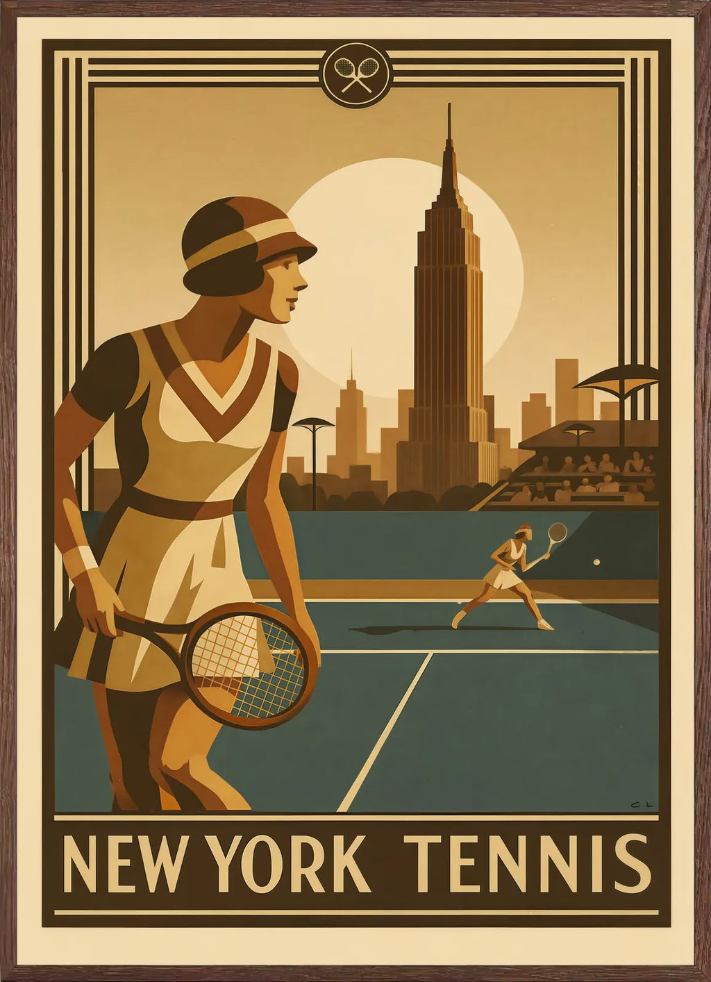 Cadre chene clair entourant joueuse de tennis 1920 et raquette en bois, Empire State New York