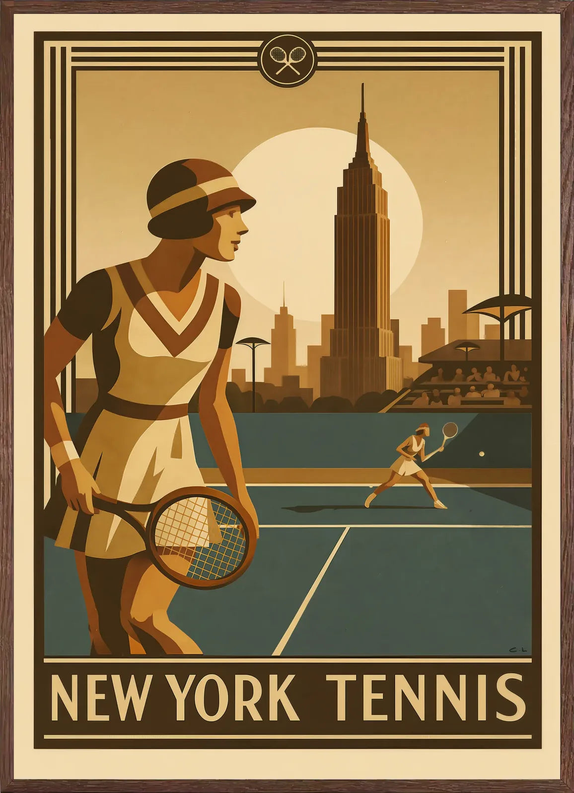 Cadre chene clair entourant joueuse de tennis 1920 et raquette en bois, Empire State New York
