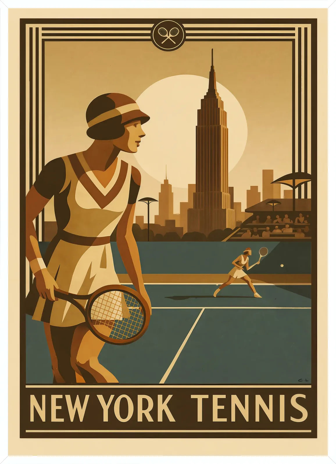 Cadre blanc epure presentant joueuse de tennis 1920 et raquette en bois, Empire State New York