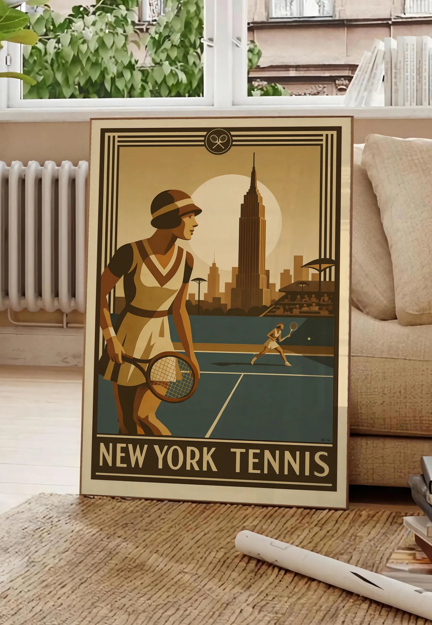 Poster joueuse de tennis 1920 et raquette en bois, posee au sol dans un salon parisien, devant une grande fenetre donnant sur un immeuble haussmannien, entre un ficus et un canape creme