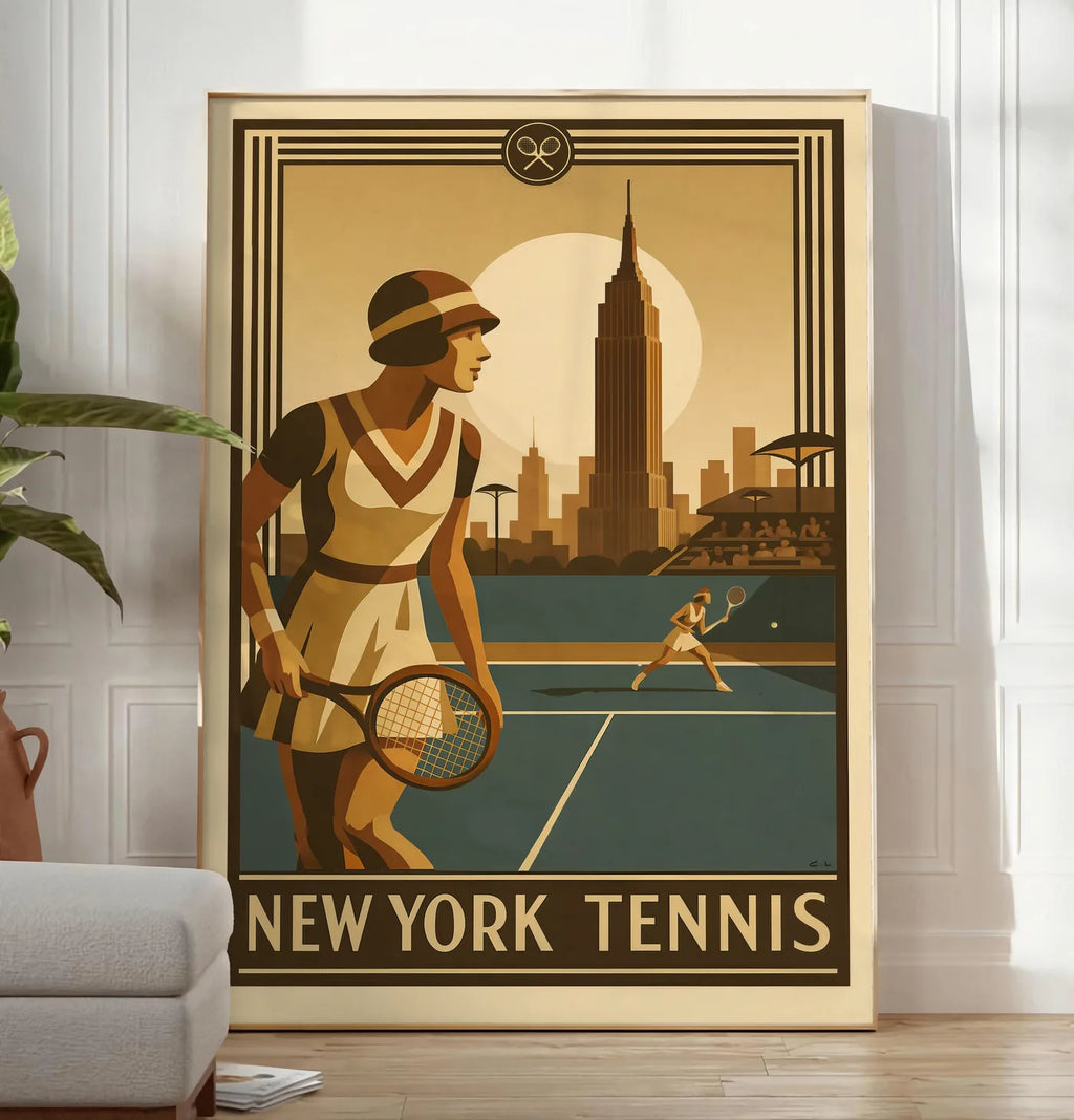 Reproduction joueuse de tennis 1920 et raquette en bois, posee au sol dans un salon minimaliste clair, a cote d'un canape beige et d'une plante verte, sur un parquet clair