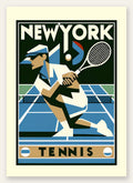 Joueur de tennis cubiste en plein revers, court bleu New York