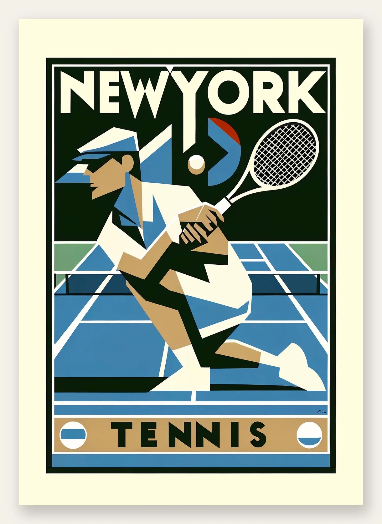 Joueur de tennis cubiste en plein revers, court bleu New York