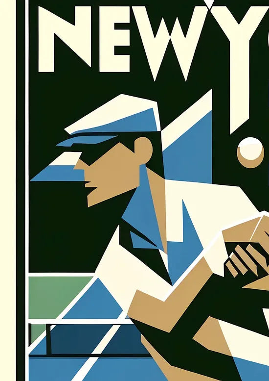 Gros plan sur joueur de tennis cubiste en plein revers, court bleu New York