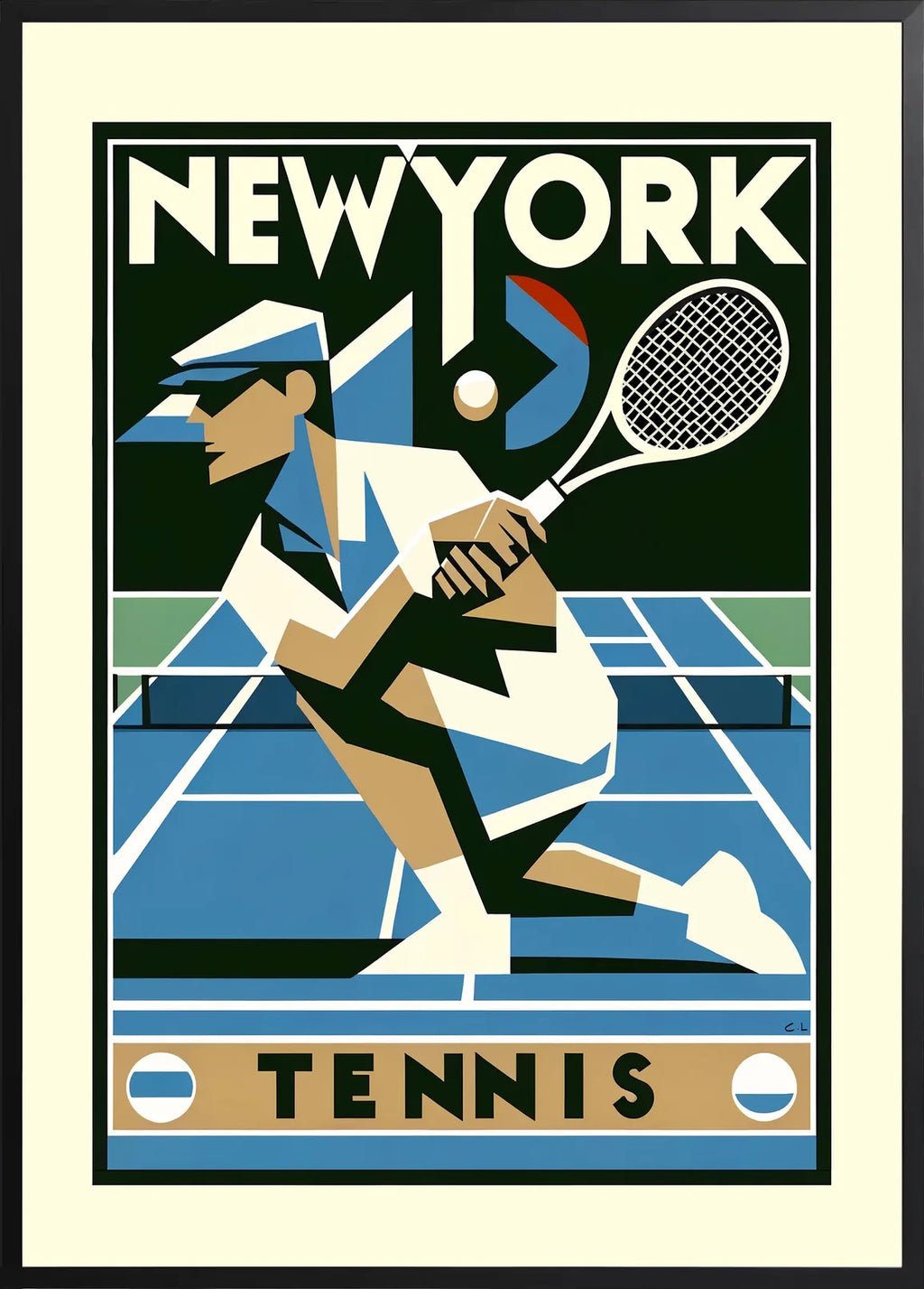 Encadrement noir mat autour de joueur de tennis cubiste en plein revers, court bleu New York