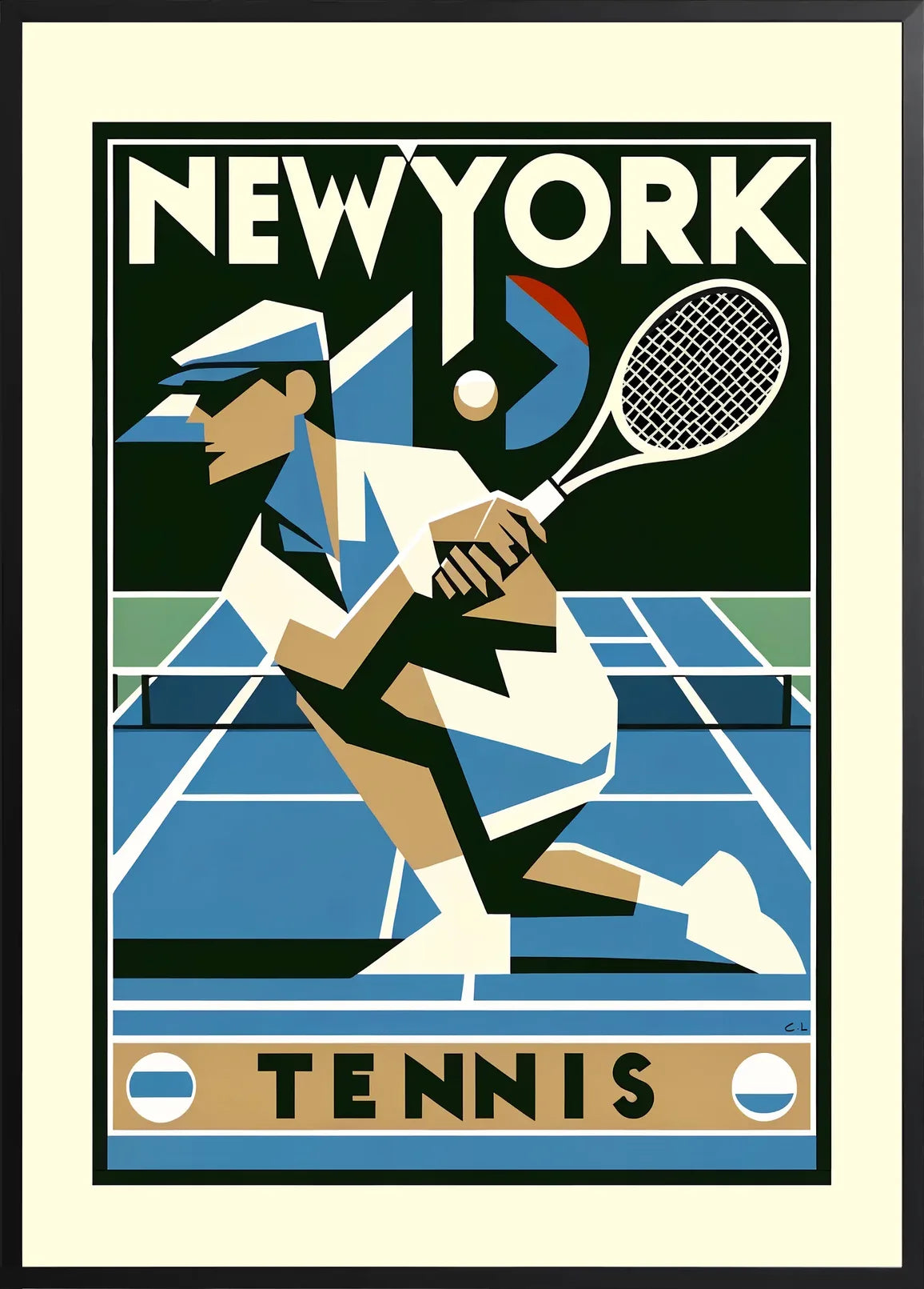 Encadrement noir mat autour de joueur de tennis cubiste en plein revers, court bleu New York