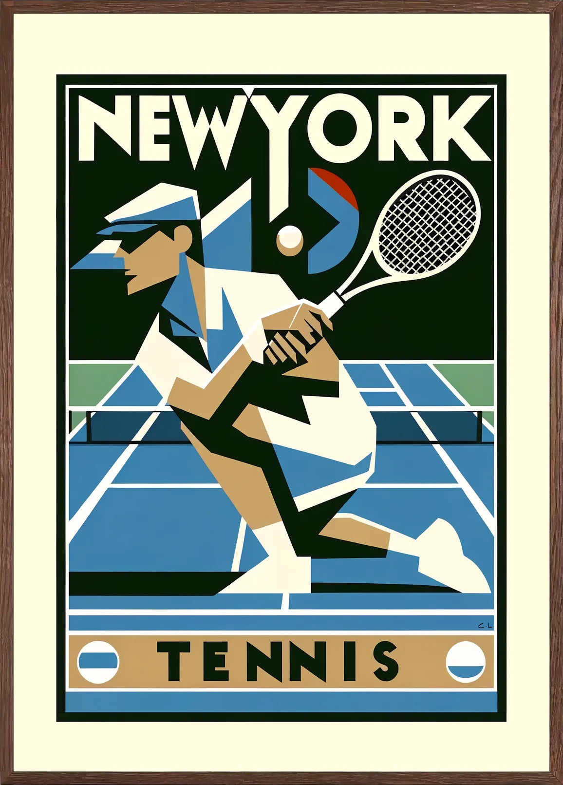 Cadre chene clair entourant joueur de tennis cubiste en plein revers, court bleu New York