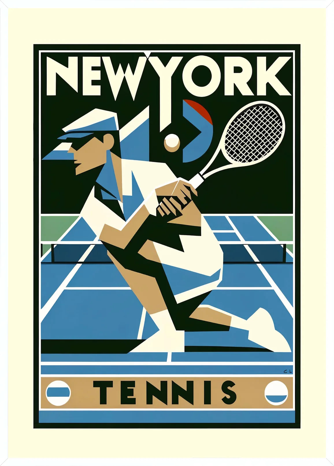 Cadre blanc epure presentant joueur de tennis cubiste en plein revers, court bleu New York
