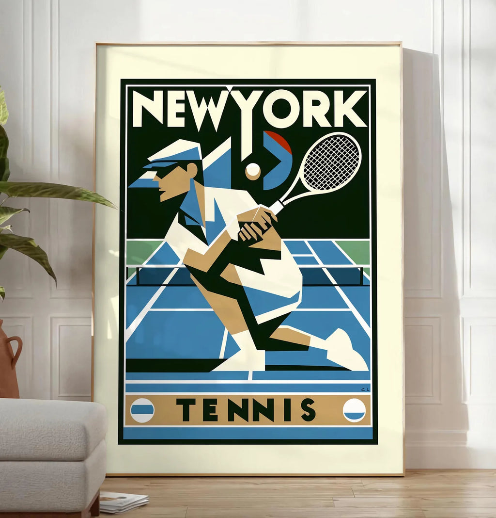 Reproduction joueur de tennis cubiste en plein revers, posee au sol dans un salon minimaliste clair, a cote d'un canape beige et d'une plante verte, sur un parquet clair