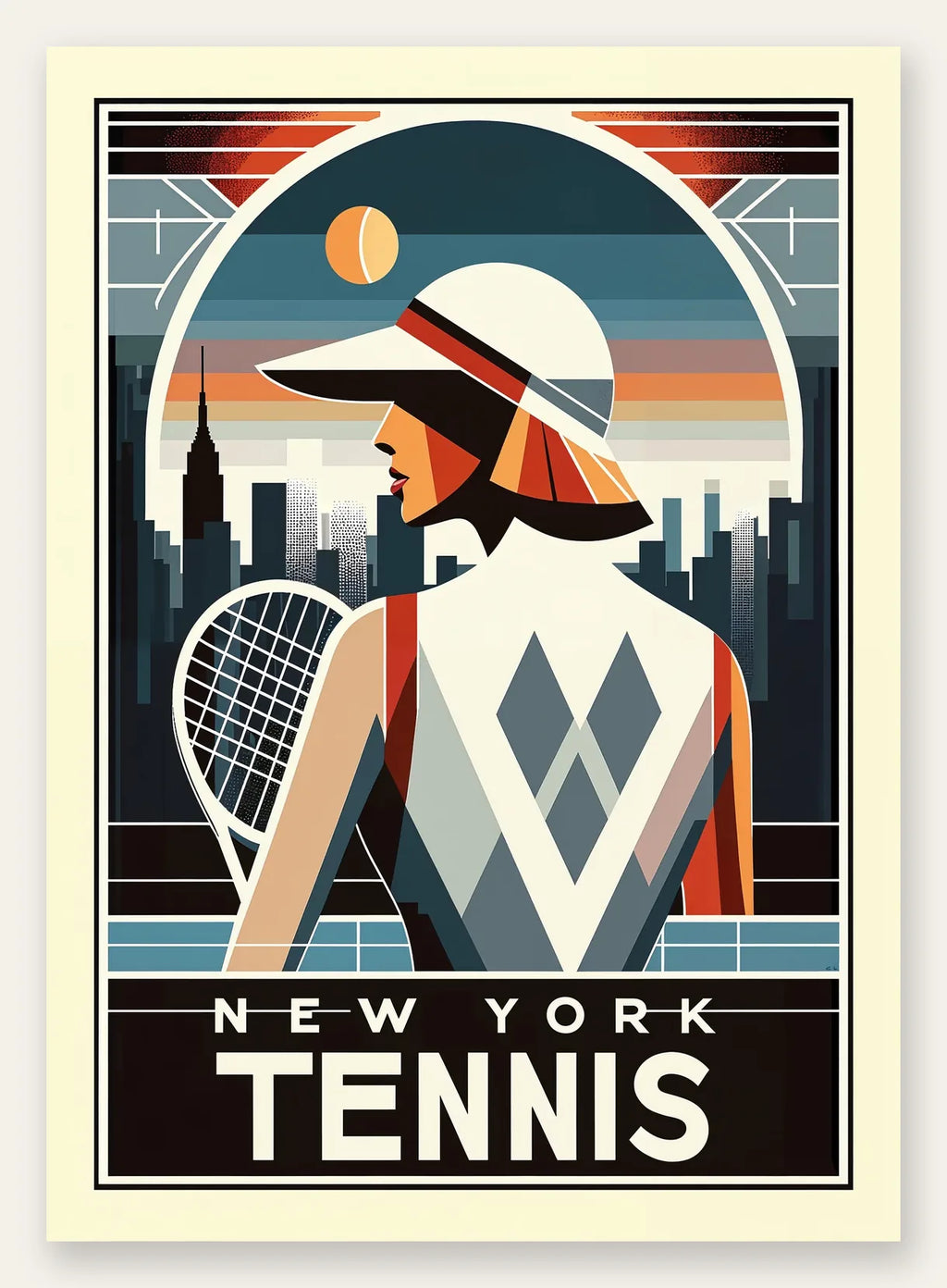 Joueuse de tennis de dos a la visiere, skyline de New York