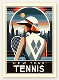 Joueuse de tennis de dos a la visiere, skyline de New York