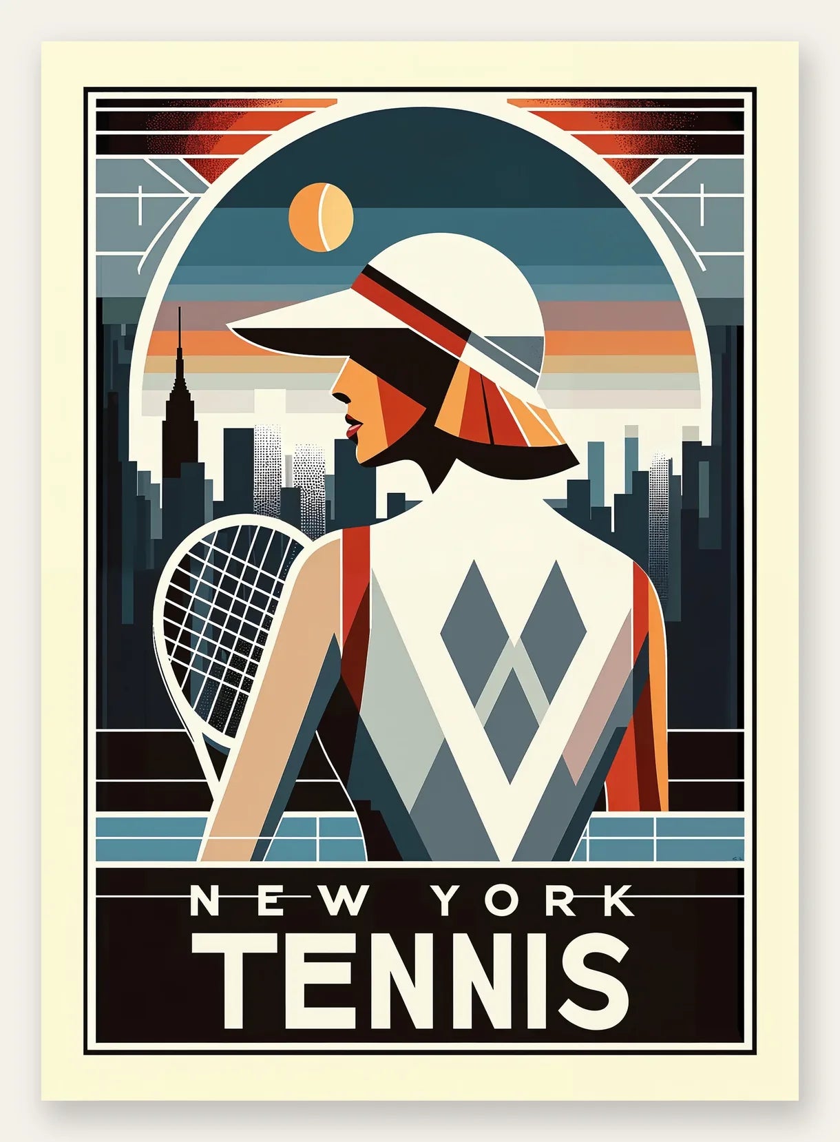 Joueuse de tennis de dos a la visiere, skyline de New York