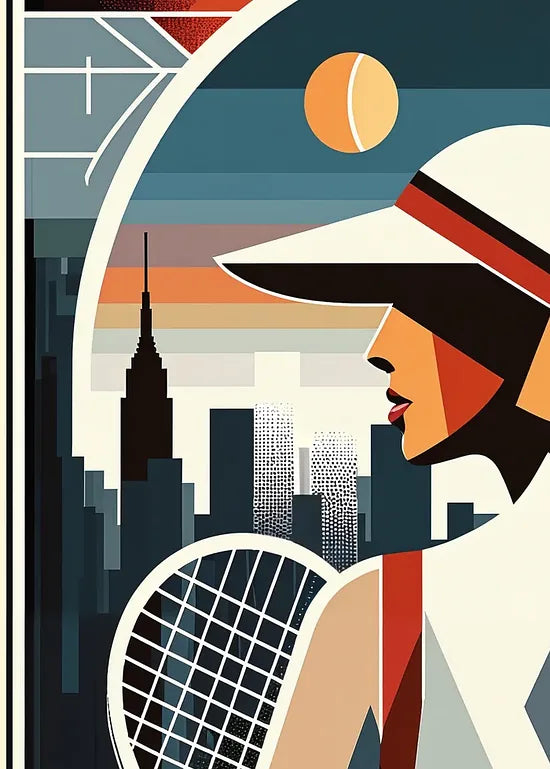 Gros plan sur joueuse de tennis de dos a la visiere, skyline de New York